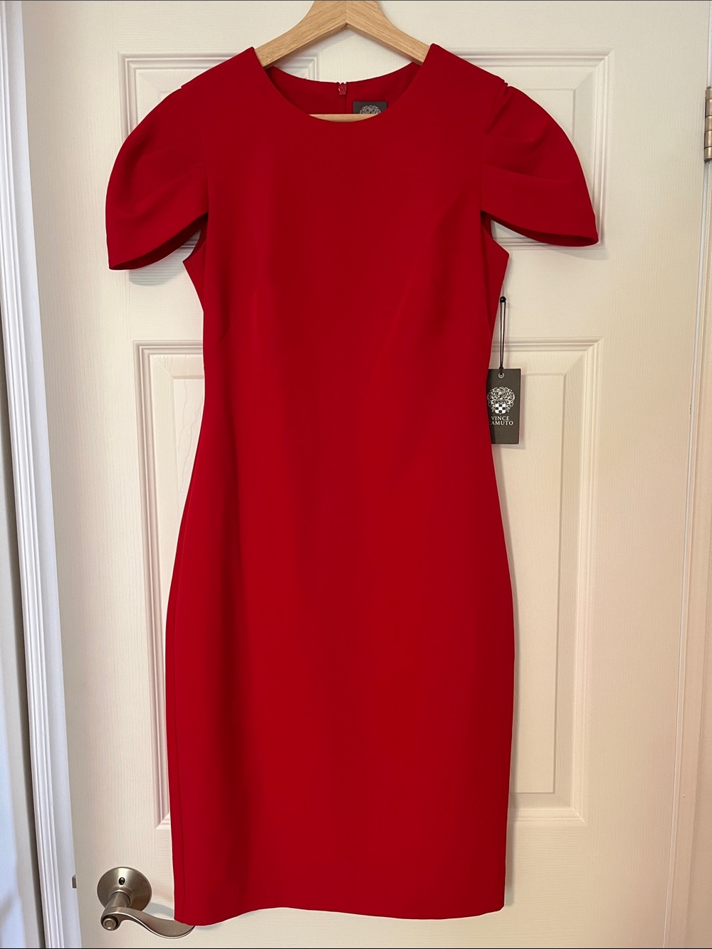 Vince Camuto Red Midi Sheath Dress with Puff Sleeves